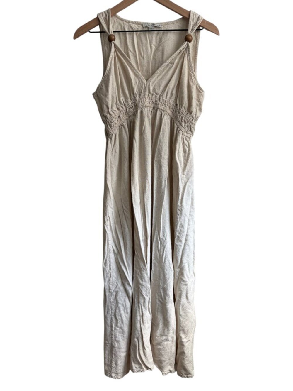 Cream Linen Blend Boho Maxi Dress with Wood Beads Size Large Lagenlook